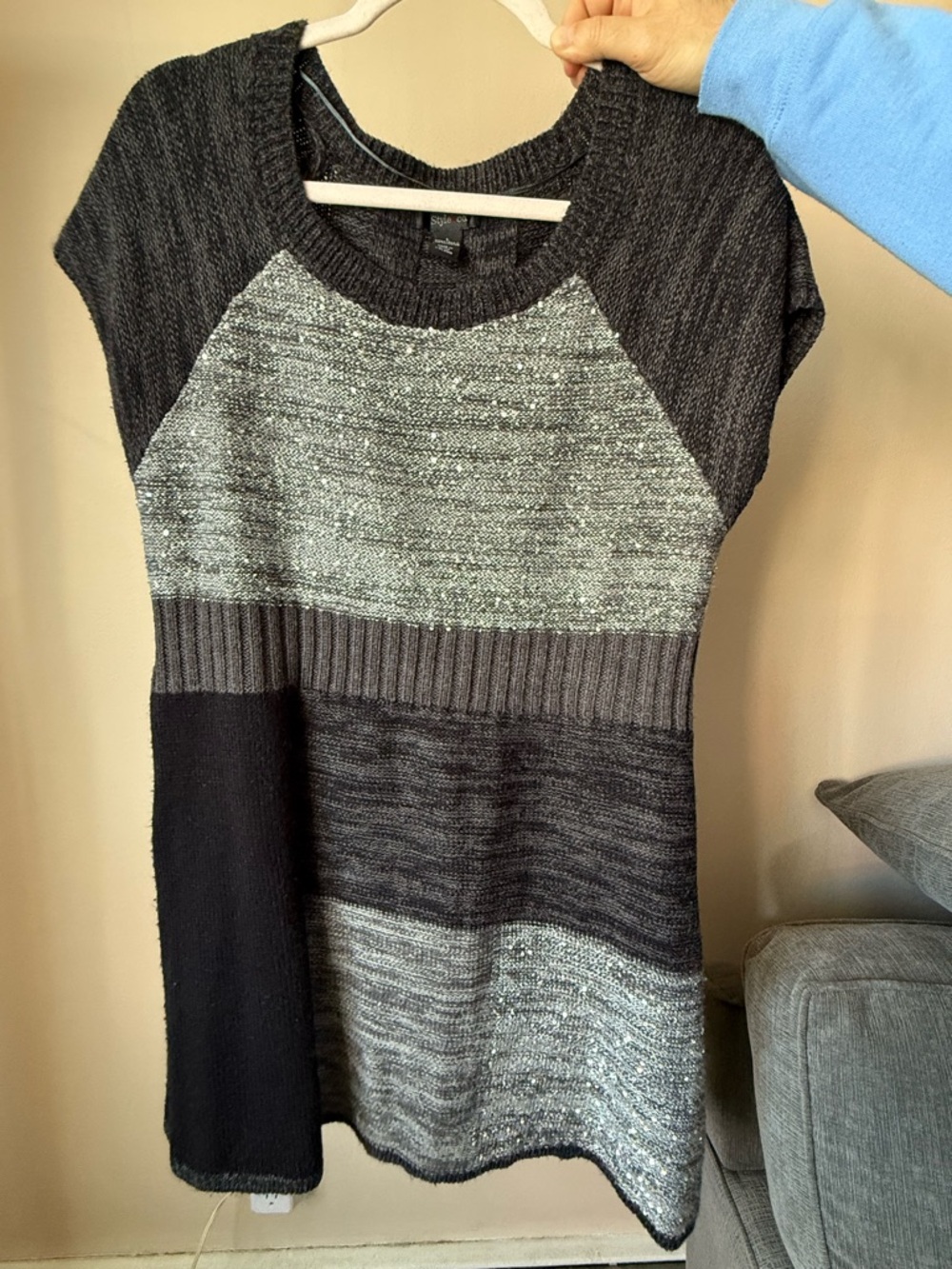 Style & Co. Black and Gray Knit Short-Sleeve Sweater Dress